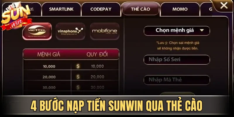 Nạp Tiền Sunwin Đa Phương Thức Thanh Toán Thành Công 100% 2 Sunwin 4 bước nạp tiền Sunwin qua thẻ cào